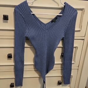 Blue Ribbed V-Neck Sweater